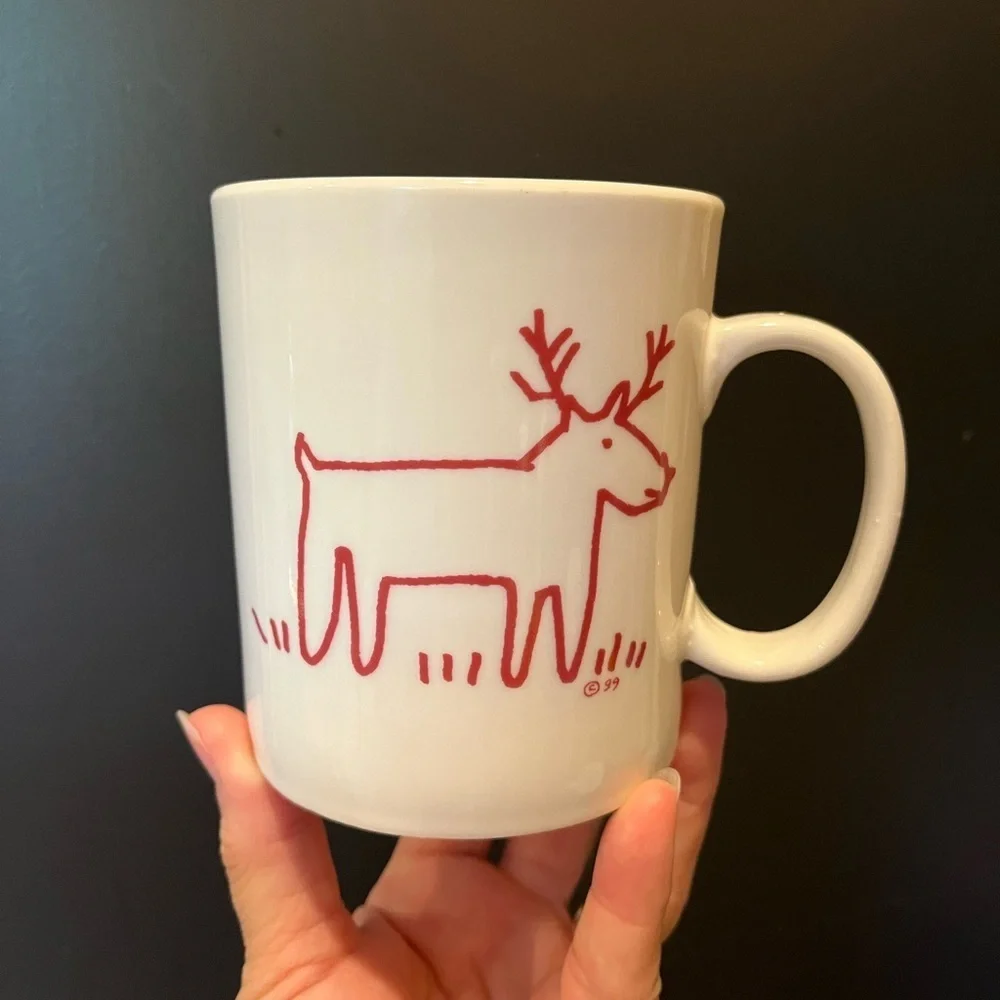 Crate&Barrel Christmas Tree and Reindeer Holiday Mug Set by Trish Richman 16 oz.
